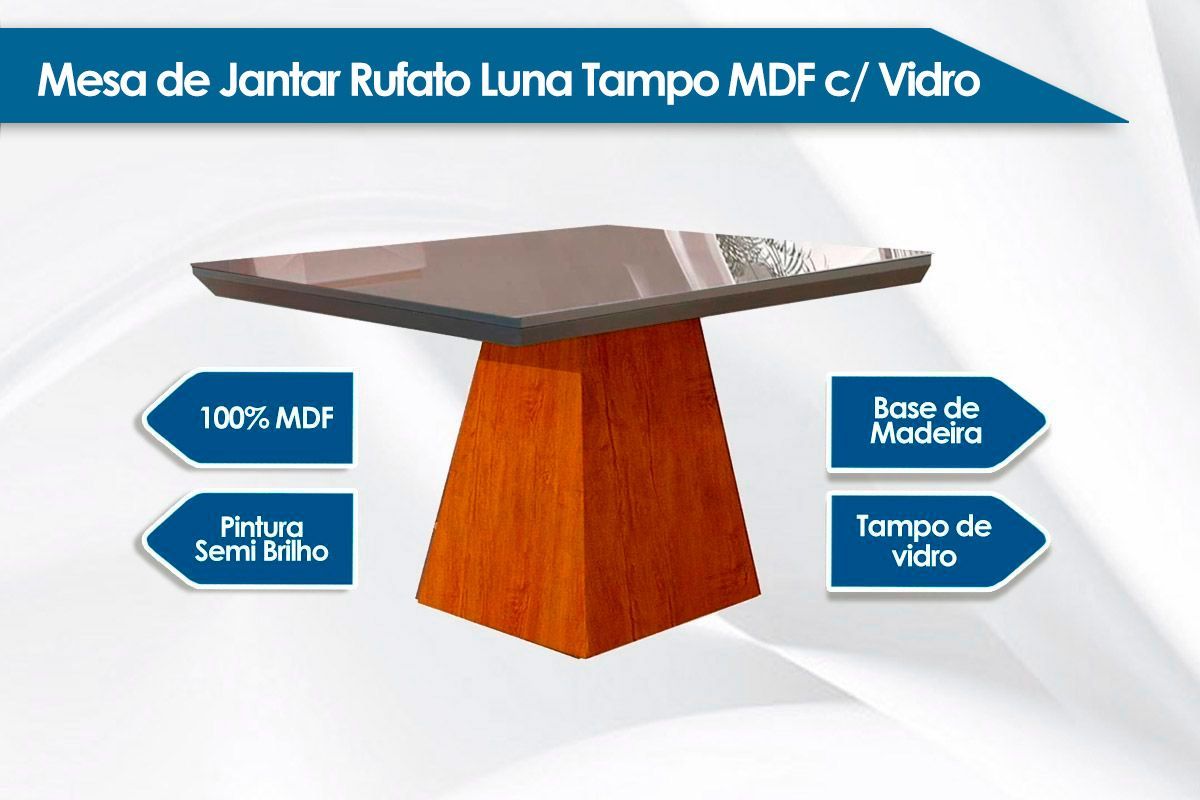 Sala de Jantar Completa Luna Tampo Madeirado c/ Vidro Canto Reto 120x80cm e 4 Cadeiras Lunara - Rufato