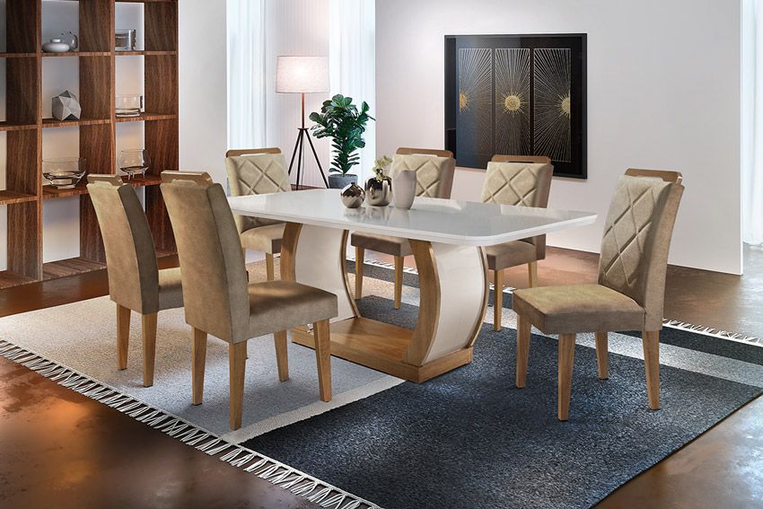Sala de Jantar Completa Jade Tampo Madeirado c/ Vidro Canto Curvo 180x90cm e 6 Cadeiras Melissa - Rufato