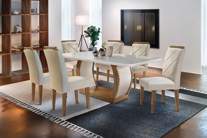 Sala de Jantar Completa Jade Tampo Madeirado c/ Vidro Canto Curvo 180x90cm e 6 Cadeiras Melissa - Rufato