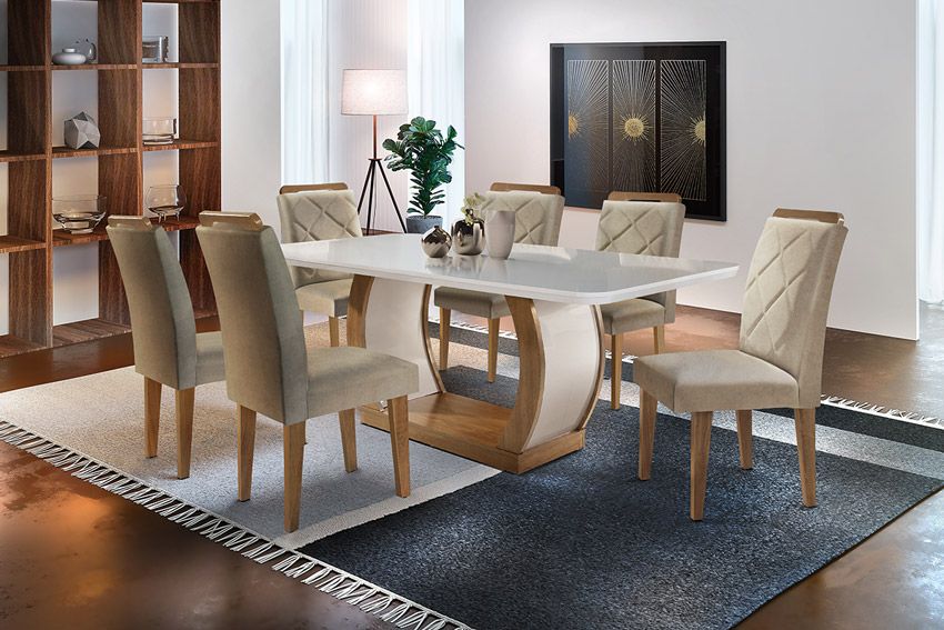 Sala de Jantar Completa Jade Tampo Madeirado c/ Vidro Canto Curvo 180x90cm e 6 Cadeiras Melissa - Rufato
