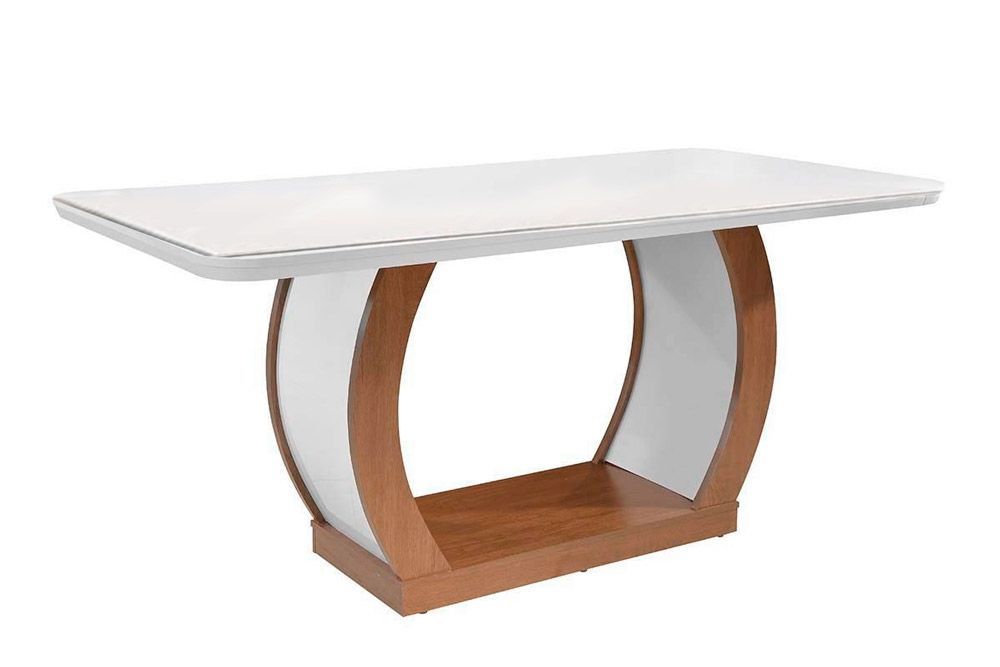Sala de Jantar Completa Jade Tampo Madeirado c/ Vidro Canto Curvo 180x90cm e 6 Cadeiras Lunara - Rufato