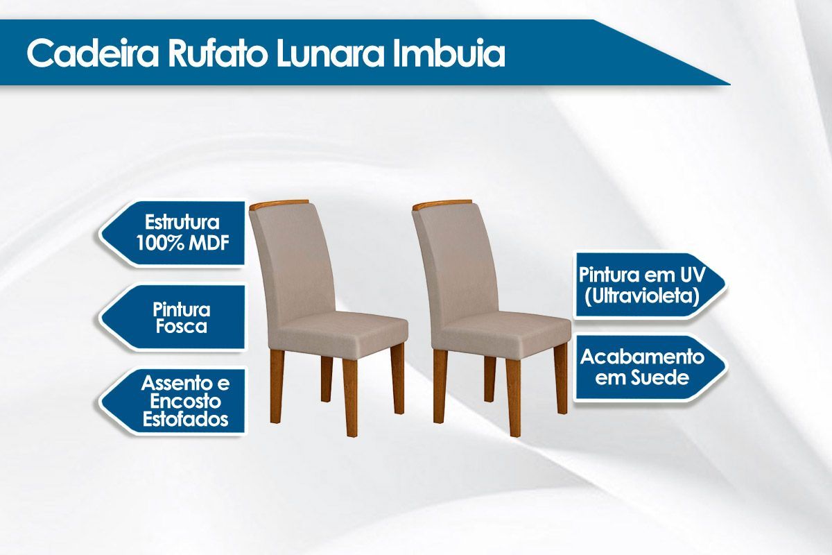 Sala de Jantar Completa Jade Tampo Madeirado c/ Vidro Canto Curvo 180x90cm e 6 Cadeiras Lunara - Rufato