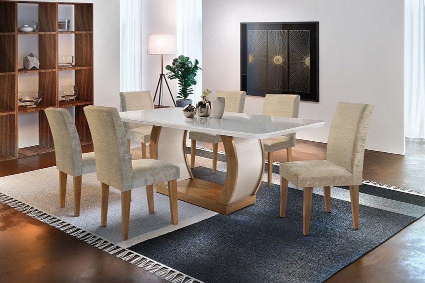 Sala de Jantar Completa Jade Tampo Madeirado c/ Vidro Canto Curvo 180x90cm e 6 Cadeiras Grécia - Rufato
