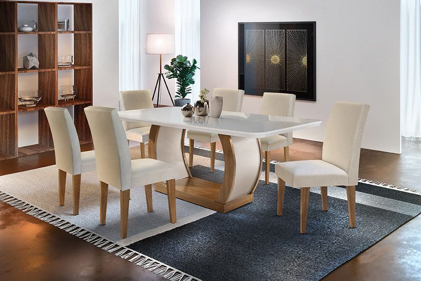 Sala de Jantar Completa Jade Tampo Madeirado c/ Vidro Canto Curvo 180x90cm e 6 Cadeiras Grécia - Rufato