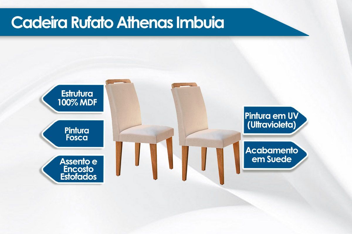 Sala de Jantar Completa Jade Tampo Madeirado c/ Vidro Canto Curvo 180x90cm e 6 Cadeiras Athenas - Rufato