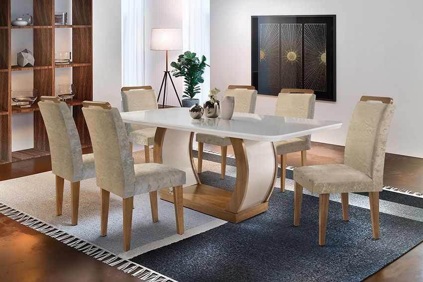 Sala de Jantar Completa Jade Tampo Madeirado c/ Vidro Canto Curvo 180x90cm e 6 Cadeiras Athenas - Rufato
