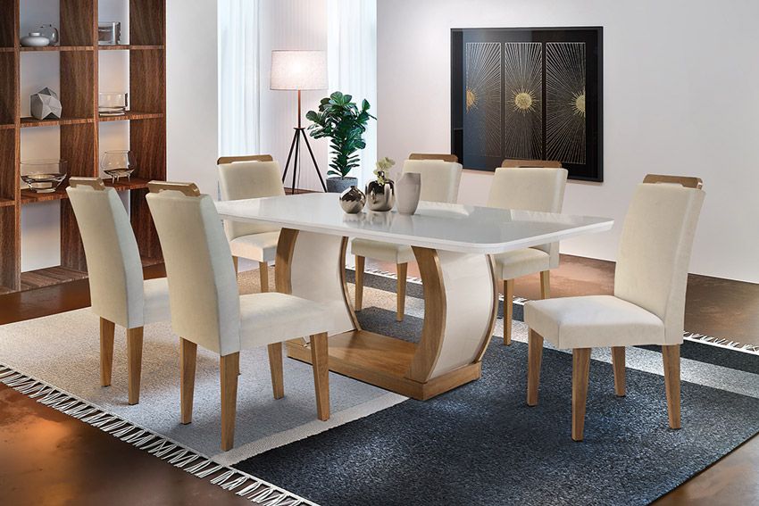 Sala de Jantar Completa Jade Tampo Madeirado c/ Vidro Canto Curvo 180x90cm e 6 Cadeiras Athenas - Rufato