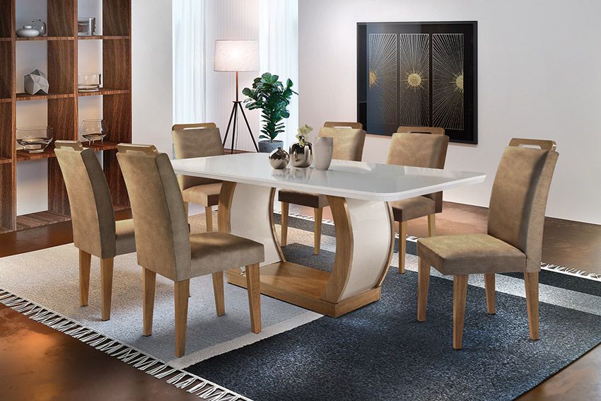 Sala de Jantar Completa Jade Tampo Madeirado c/ Vidro Canto Curvo 180x90cm e 6 Cadeiras Athenas - Rufato