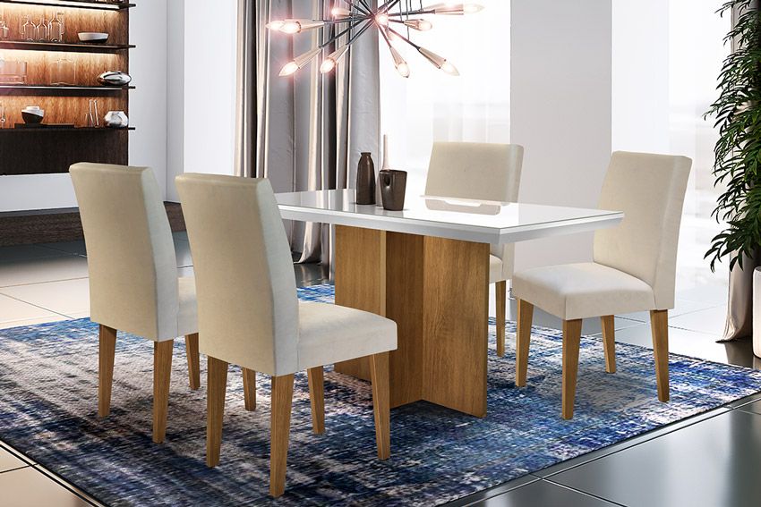 Sala de Jantar Completa Berlim Tampo Madeirado c/ Vidro Canto Reto 120x80cm e 4 Cadeiras Grécia - Rufato