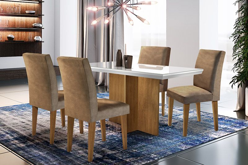 Sala de Jantar Completa Berlim Tampo Madeirado c/ Vidro Canto Reto 120x80cm e 4 Cadeiras Grécia - Rufato