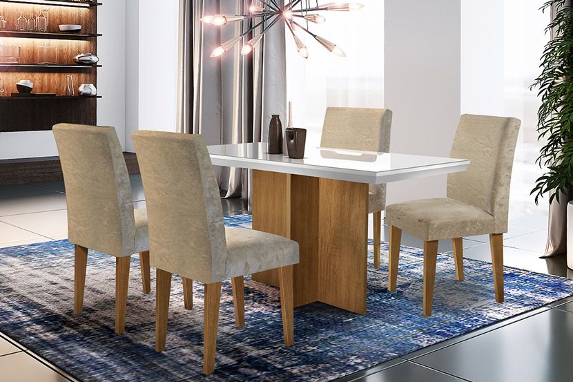 Sala de Jantar Completa Berlim Tampo Madeirado c/ Vidro Canto Reto 120x80cm e 4 Cadeiras Grécia - Rufato