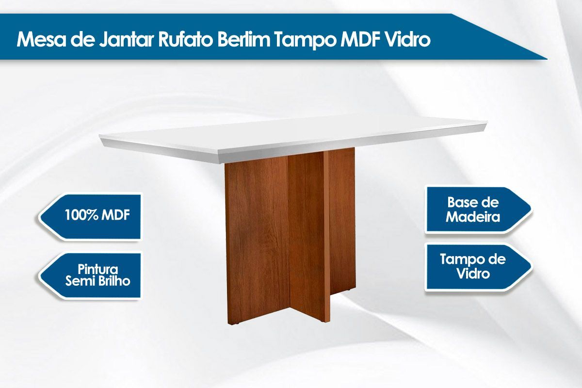 Sala de Jantar Completa Berlim Tampo Madeirado c/ Vidro Canto Reto 120x80cm Canto Reto e 4 Cadeiras Lunara - Rufato