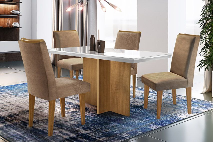 Sala de Jantar Completa Berlim Tampo Madeirado c/ Vidro Canto Reto 120x80cm Canto Reto e 4 Cadeiras Lunara - Rufato