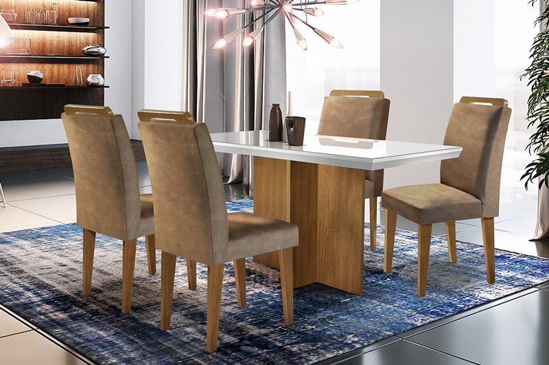 Sala Jantar Mesa Berlim Tampo MDF/Vidro Canto Curvo 120cm + 4Cadeiras Athenas - Rufato