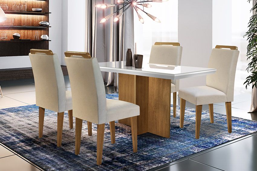 Sala Jantar Mesa Berlim Tampo MDF/Vidro Canto Curvo 120cm + 4Cadeiras Athenas - Rufato