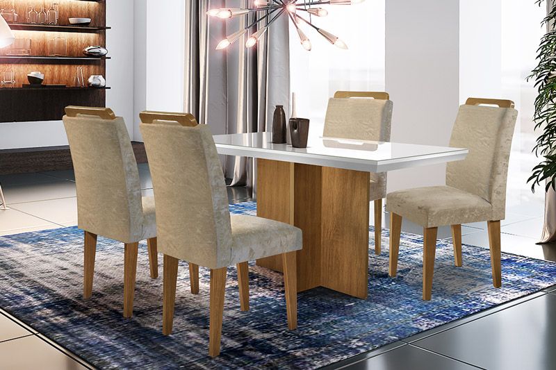 Sala Jantar Mesa Berlim Tampo MDF/Vidro Canto Curvo 120cm + 4Cadeiras Athenas - Rufato