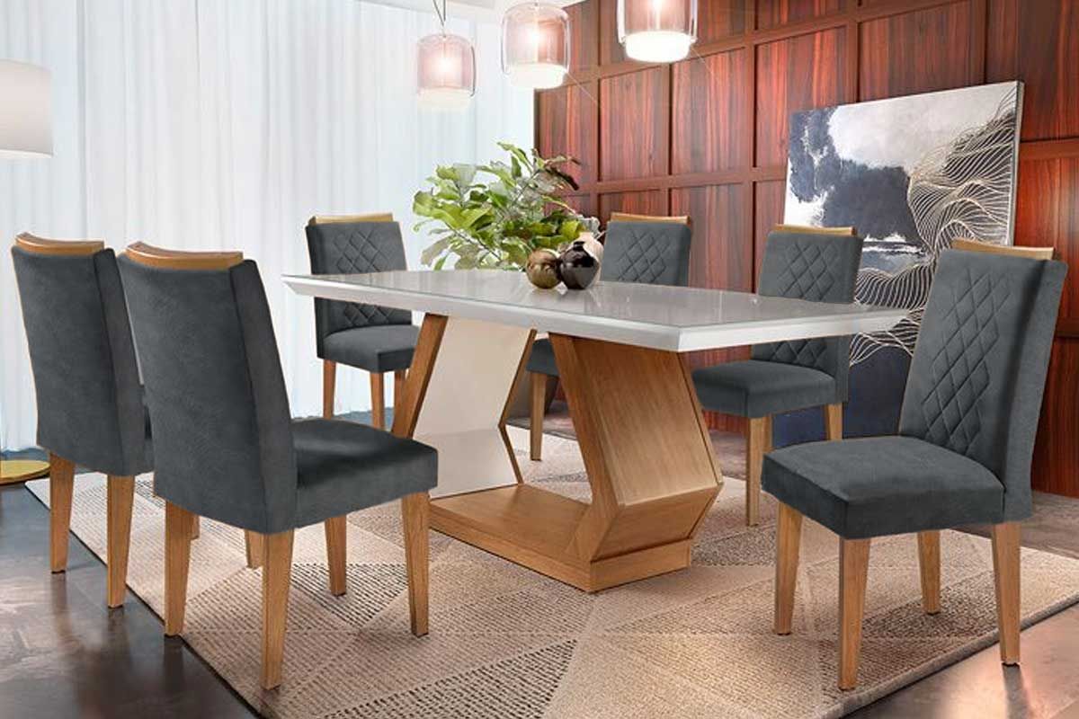 Sala de Jantar Completa Alvorada Tampo Madeirado c/ Vidro Canto Reto 180x90cm e 6 Cadeiras Jade - Rufato