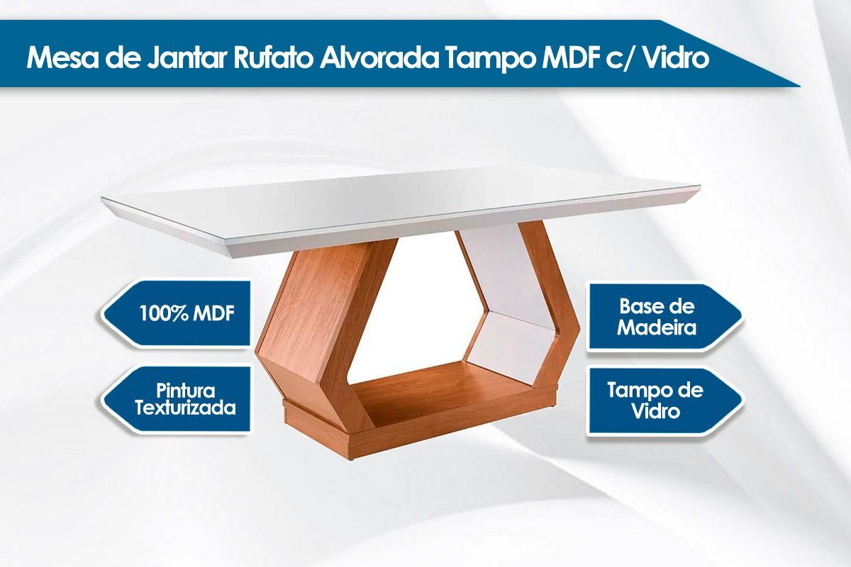 Sala de Jantar Completa Alvorada Tampo Madeirado c/ Vidro Canto Reto 180x90cm e 6 Cadeiras Imperatriz - Rufato