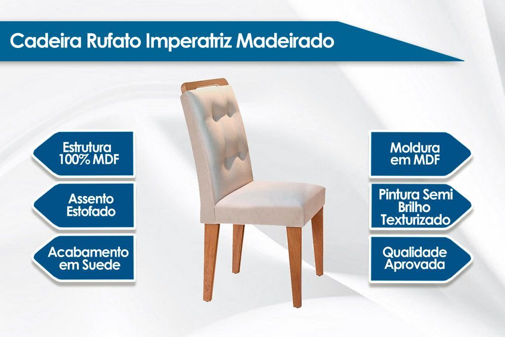Sala de Jantar Completa Alvorada Tampo Madeirado c/ Vidro Canto Reto 180x90cm e 6 Cadeiras Imperatriz - Rufato