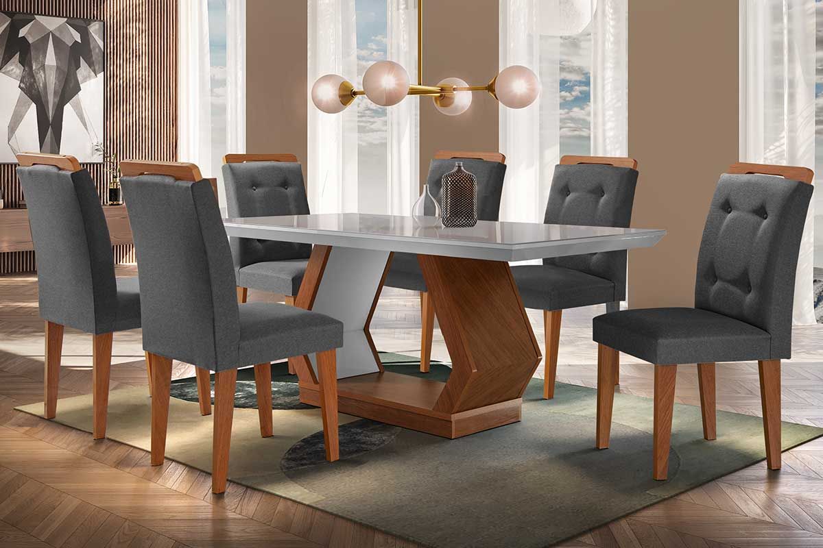 Sala de Jantar Completa Alvorada Tampo Madeirado c/ Vidro Canto Reto 180x90cm e 6 Cadeiras Imperatriz - Rufato