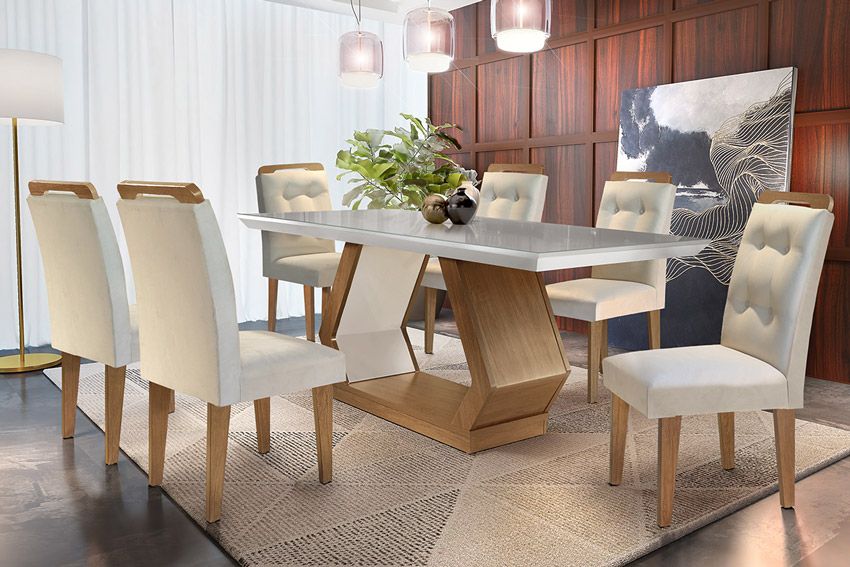 Sala de Jantar Completa Alvorada Tampo Madeirado c/ Vidro Canto Reto 180x90cm e 6 Cadeiras Imperatriz - Rufato