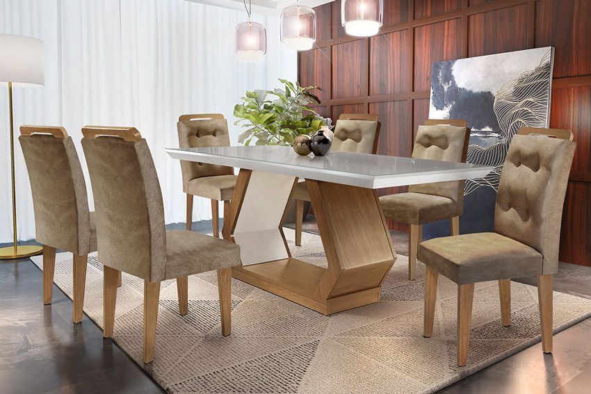 Sala de Jantar Completa Alvorada Tampo Madeirado c/ Vidro Canto Reto 180x90cm e 6 Cadeiras Imperatriz - Rufato
