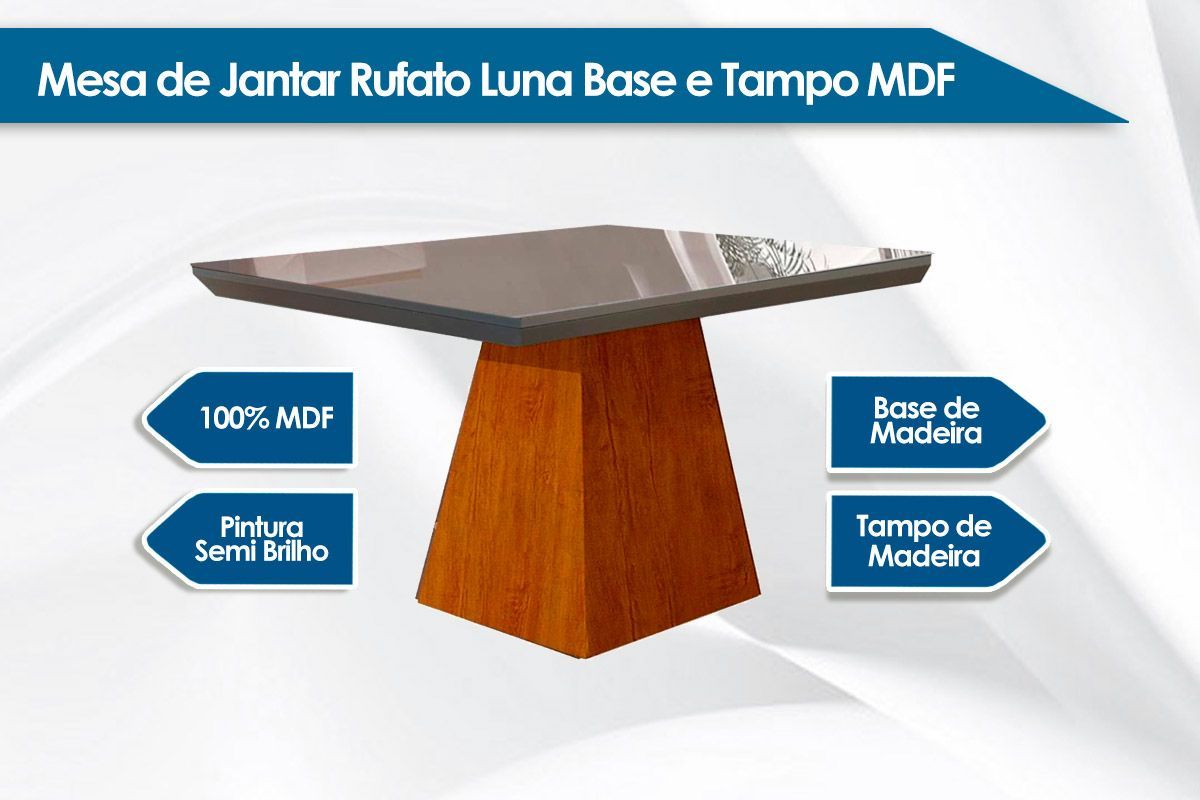 Sala de Jantar Completa Luna Tampo Madeirado c/ Vidro Canto Reto 120x80cm e 4 Cadeiras Lunara - Rufato