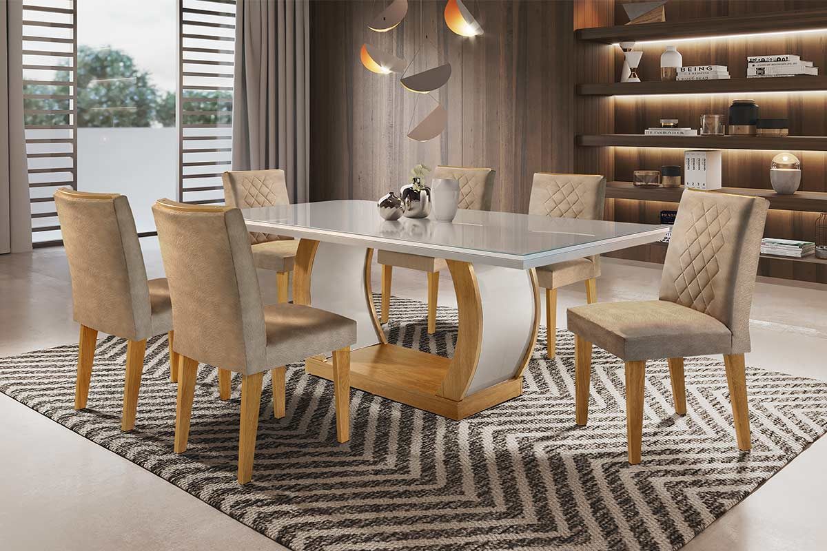 Sala de Jantar Completa Jade Tampo Madeirado c/ Vidro Canto Reto 180x90cm e 6 Cadeiras Jade - Rufato