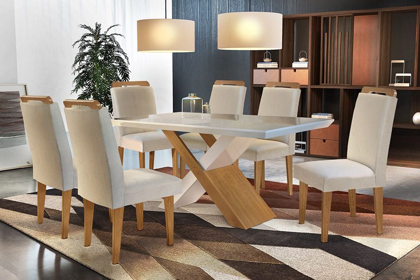 Sala de Jantar Completa Imperatriz Tampo Madeirado c/ Vidro Canto Reto 180x90cm e 6 Cadeiras Athenas - Rufato