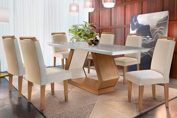 Sala de Jantar Completa Alvorada Tampo Madeirado c/ Vidro Reto 180x90cm e 6 Cadeiras Athenas - Rufato