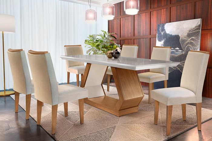 Sala de Jantar Completa Alvorada Tampo Madeirado c/ Vidro Canto Reto 180x90cm e 6 Cadeiras Lunara - Rufato