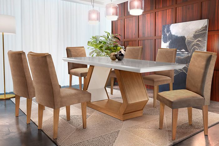 Sala de Jantar Completa Alvorada Tampo Madeirado c/ Vidro Canto Reto 180x90cm e 6 Cadeiras Lunara - Rufato