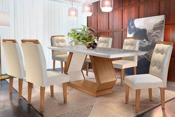 Sala de Jantar Completa Alvorada Tampo Madeirado c/ Vidro Canto Reto 180x90cm e 6 Cadeiras Imperatriz - Rufato