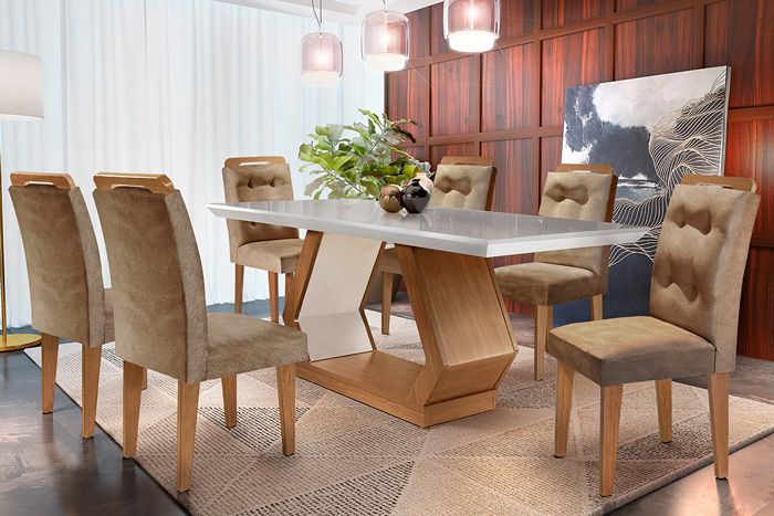Sala de Jantar Completa Alvorada Tampo Madeirado c/ Vidro Canto Reto 180x90cm e 6 Cadeiras Imperatriz - Rufato