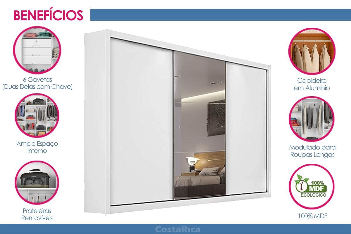 Guarda Roupa Casal 3 Portas (1 c/Espelho) e 6 Gavetas Toronto Europa