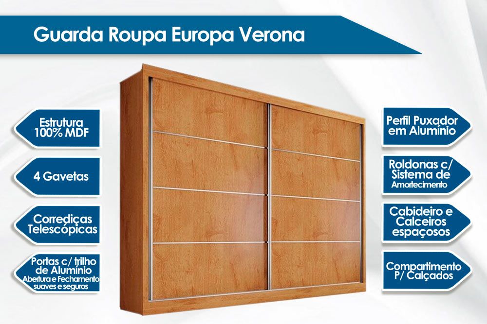 Guarda Roupa Casal 2 Portas e 4 Gavetas Verona Plus Europa Guarda Roupa Casal 2 Portas e 4 Gavetas Verona Plus Europa