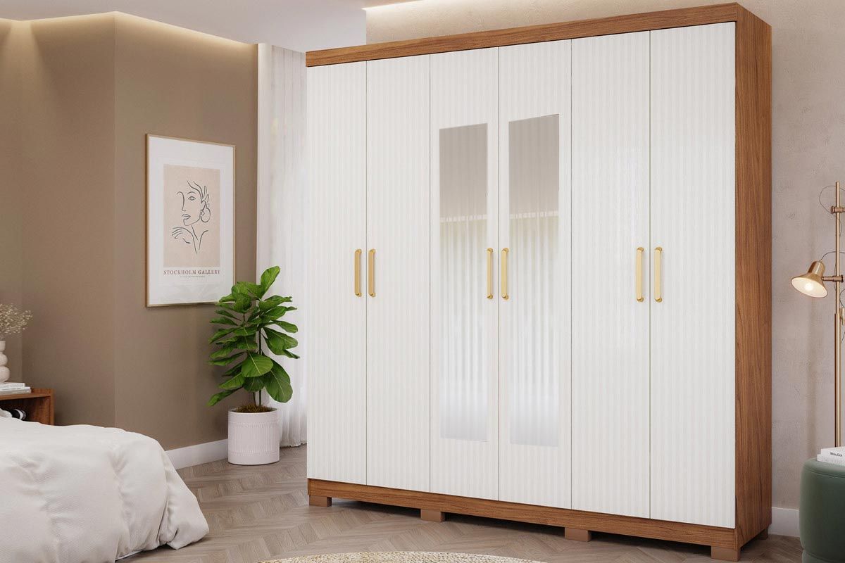 Guarda Roupa Casal 6 Portas (2 c/Espelho) e 3 Gavetas Clara PananCinamomo/Grafiato