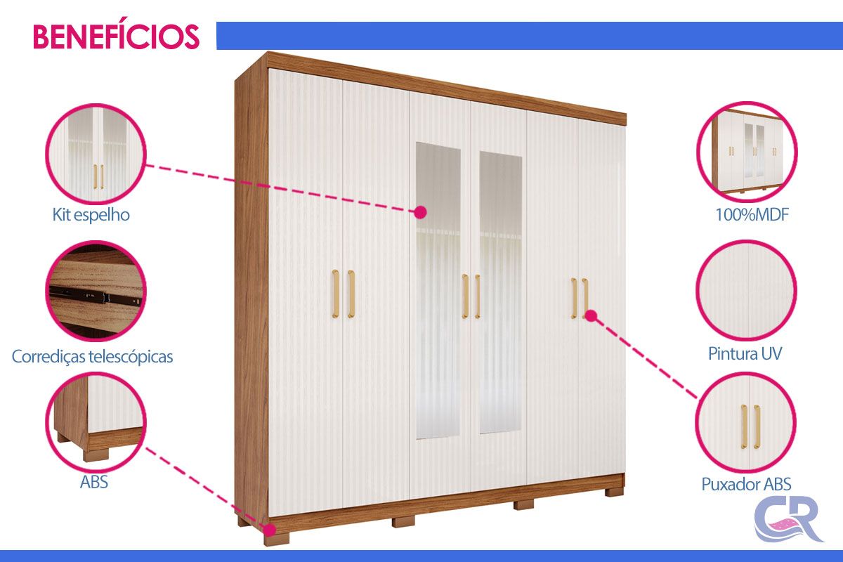 Guarda Roupa Casal 6 Portas (2 c/Espelho) e 3 Gavetas Clara Panan Guarda Roupa Casal 6 Portas (2 c/Espelho) e 3 Gavetas Clara Panan