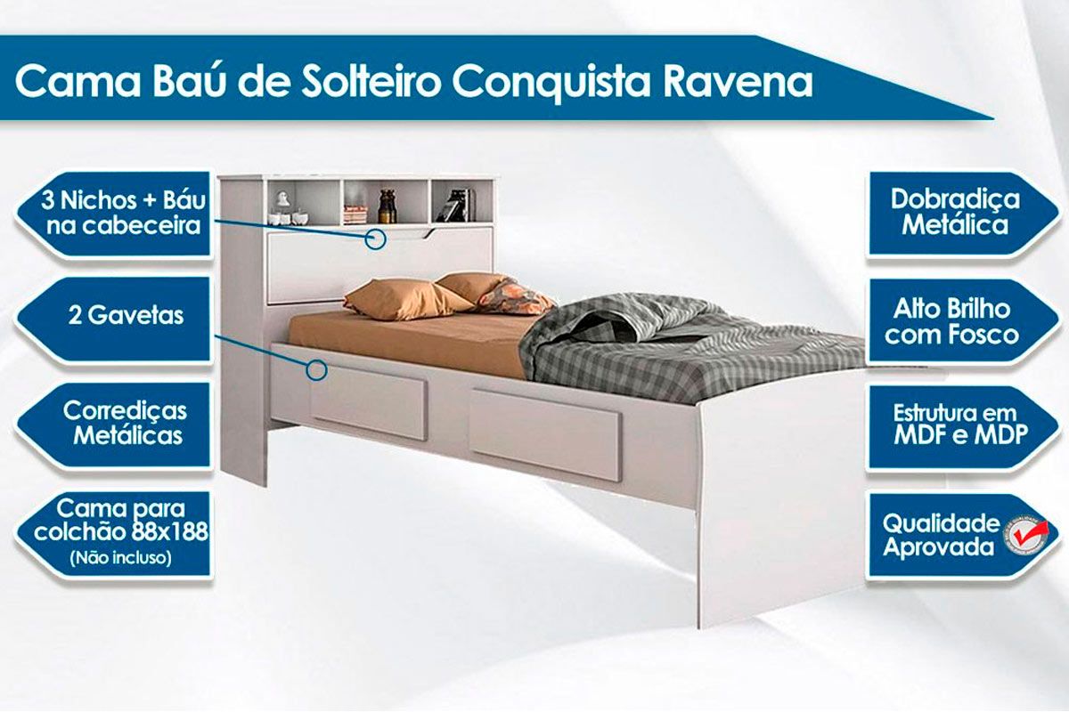 Colchão Solteiro Pérola Polar (2un) + Bicama Ravena c/ Baú