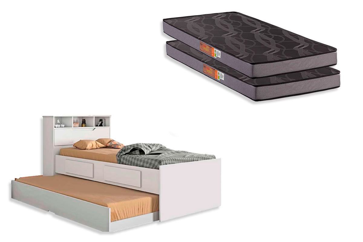Colchão Solteiro Pérola Polar (2un) + Bicama Ravena c/ Baú