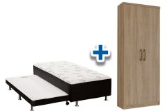Cama Box Solteiro Conjugado Ortobom Black c/ Auxiliar + Armário Multiuso Margarida
