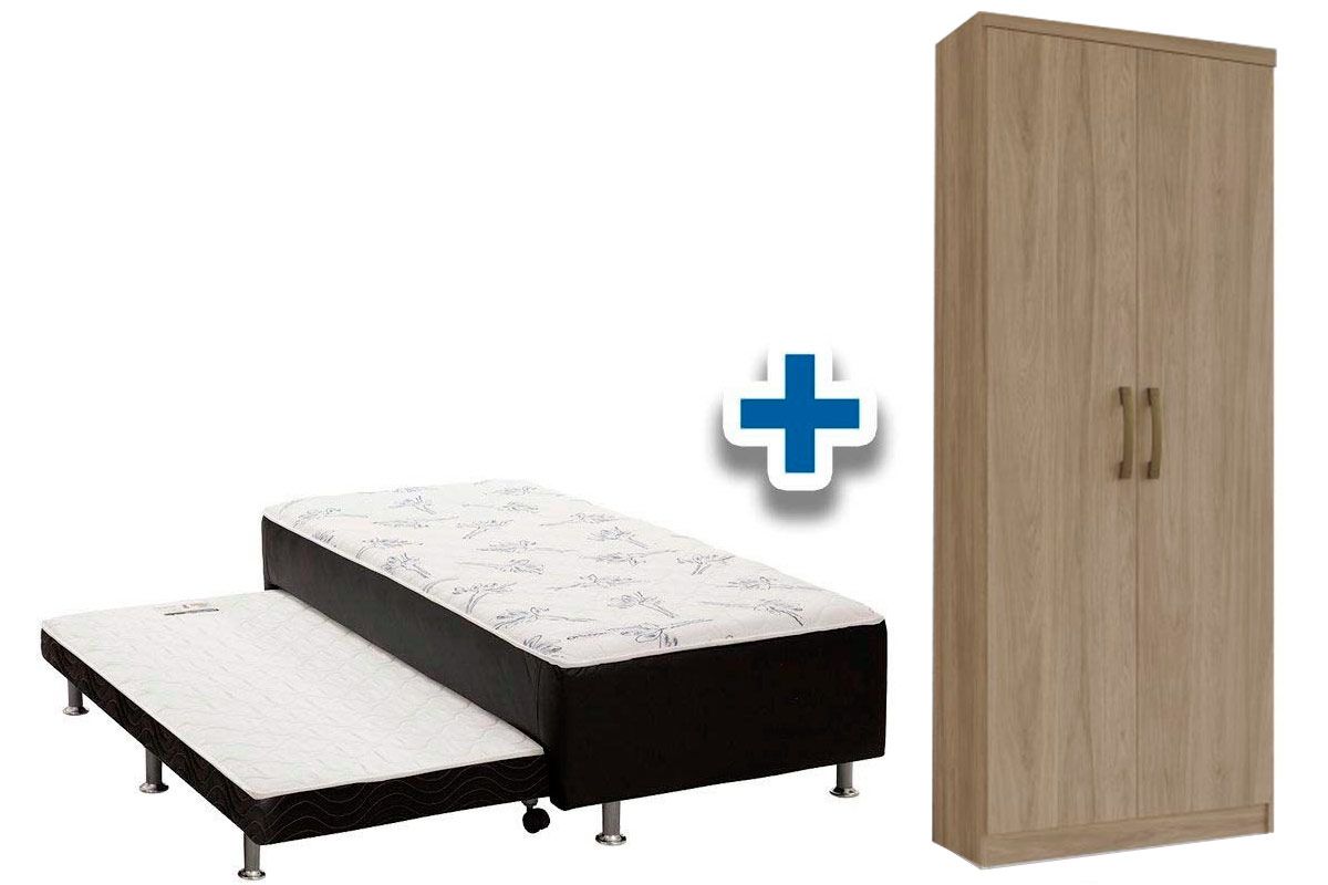 Cama Box Solteiro Conjugado Ortobom Black c/ Auxiliar + Armário Multiuso Margarida
