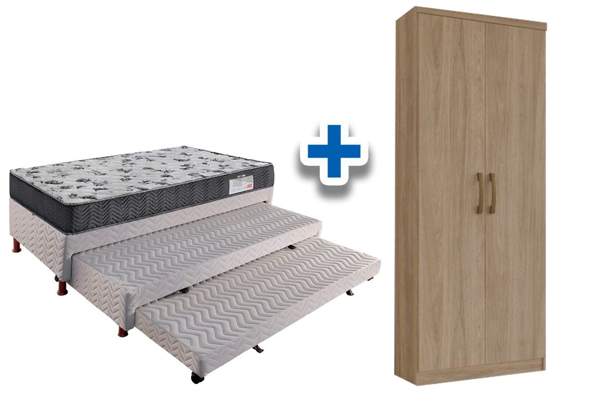 Cama Box Solteiro c/ 2 Aux + Armário Multiuso Margarida