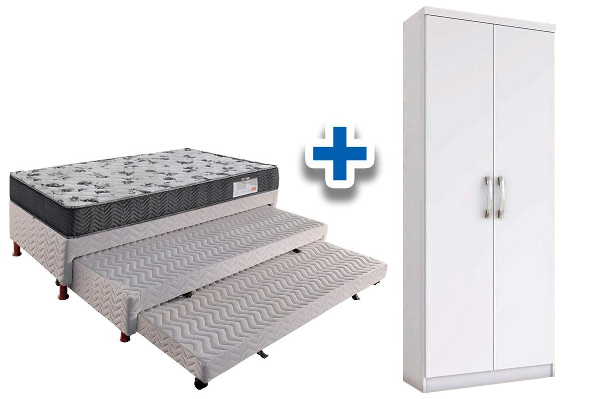Cama Box Solteiro c/ 2 Aux + Armário Multiuso Margarida