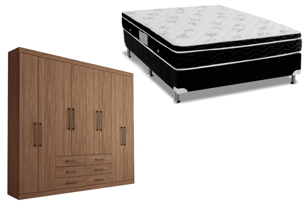 Cama Box Casal + Colchão Physical Ortobom + Guarda Roupa Master 8.6