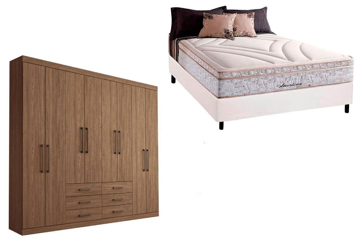 Cama Box Casal + Colchão American Herval + Guarda Roupa Master 8.6