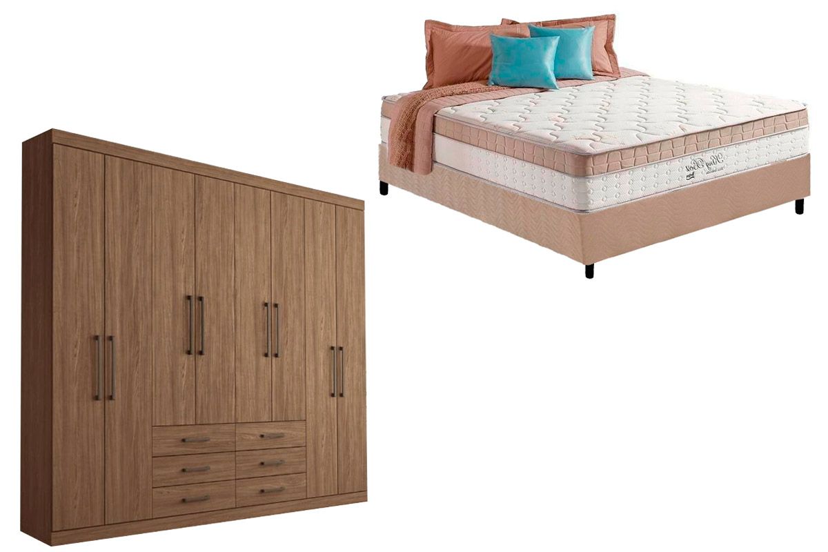 Cama Box Casal+Colchão King Best+Guarda Roupa Master 8.6