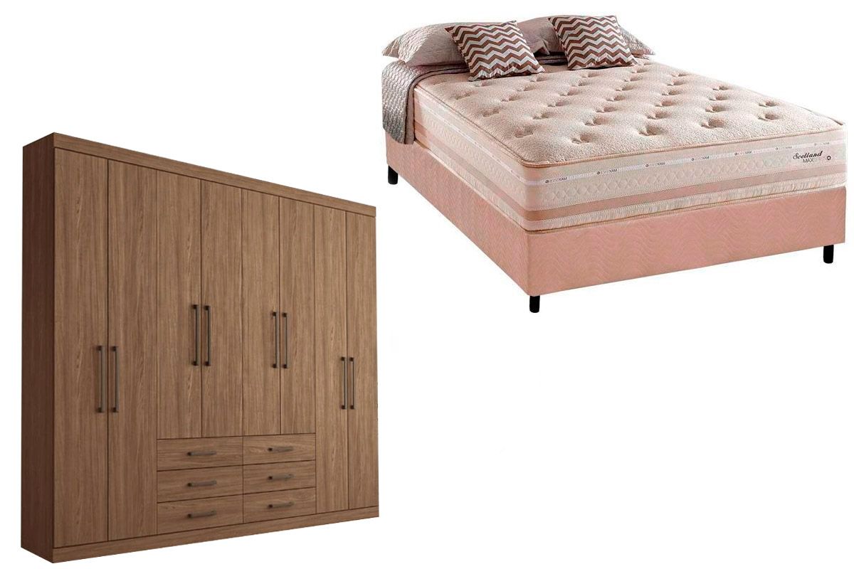 Cama Box Casal + Colchão Scotland Herval + Guarda Roupa Master 8.6