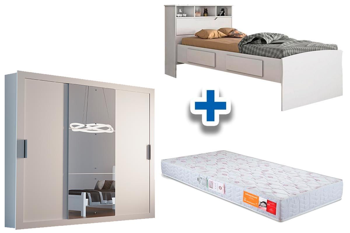Cama Solteiro Ravena + Colchão Orthocrin + Guarda Roupa Veneza Luxo