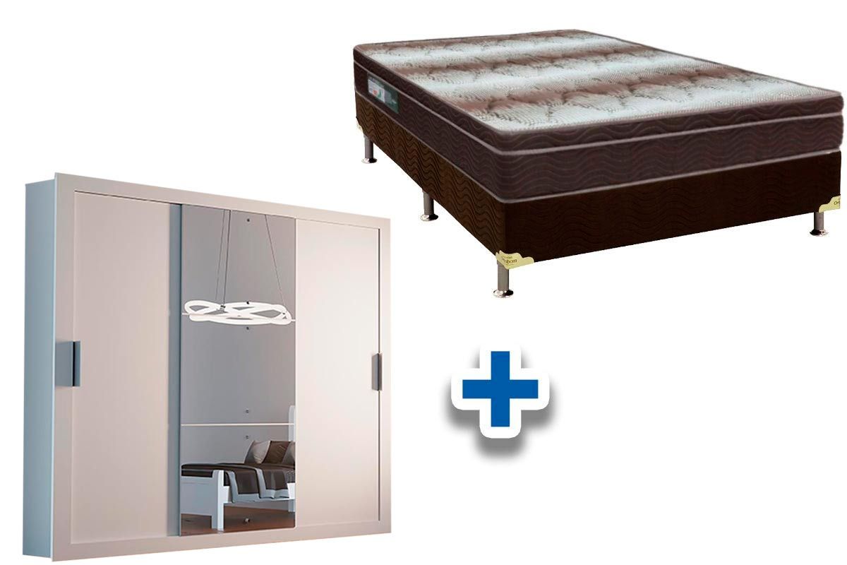 Cama Box Casal + Colchão Light Ortobom + Guarda Roupa Veneza Luxo